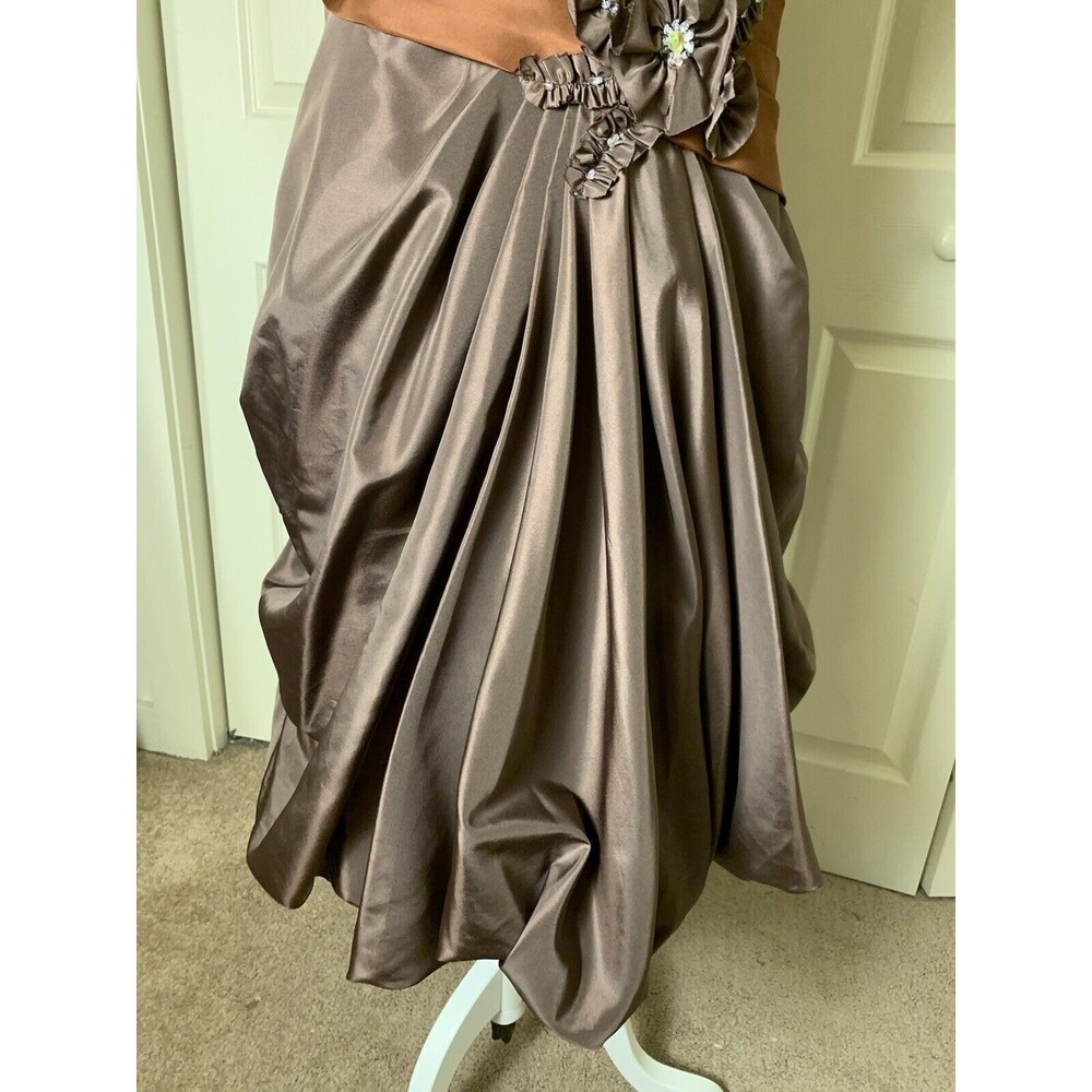 Simone Carvalli Dress Brown Woodland Forest Fairy Ruched Floral Appliqué Size 12 - Picture 4 of 16